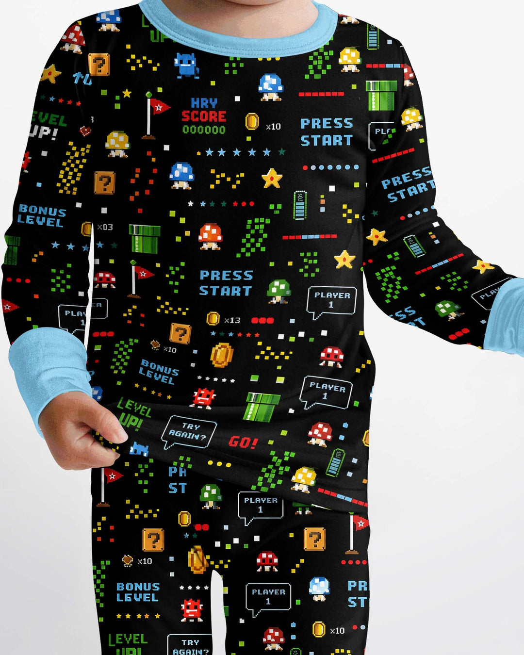 Pijama de dos piezas de manga larga de bambú con motivos de amantes de los videojuegos Pixel