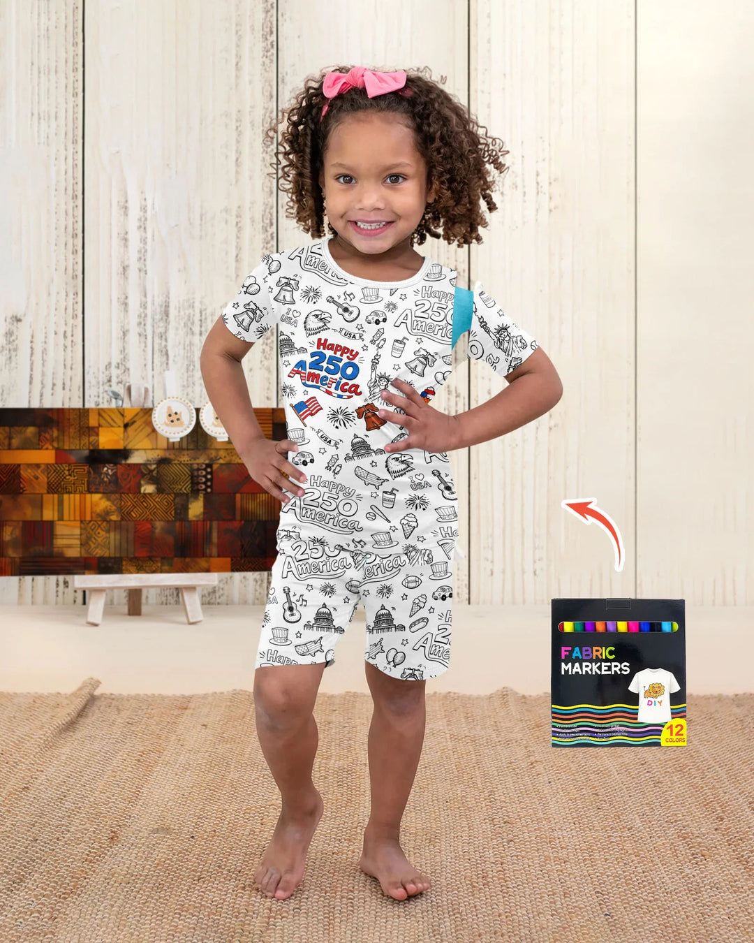 All Colorable Happy 250 America I love USA Bamboo Two Piece Short Sleeve Shorts Pajama Set