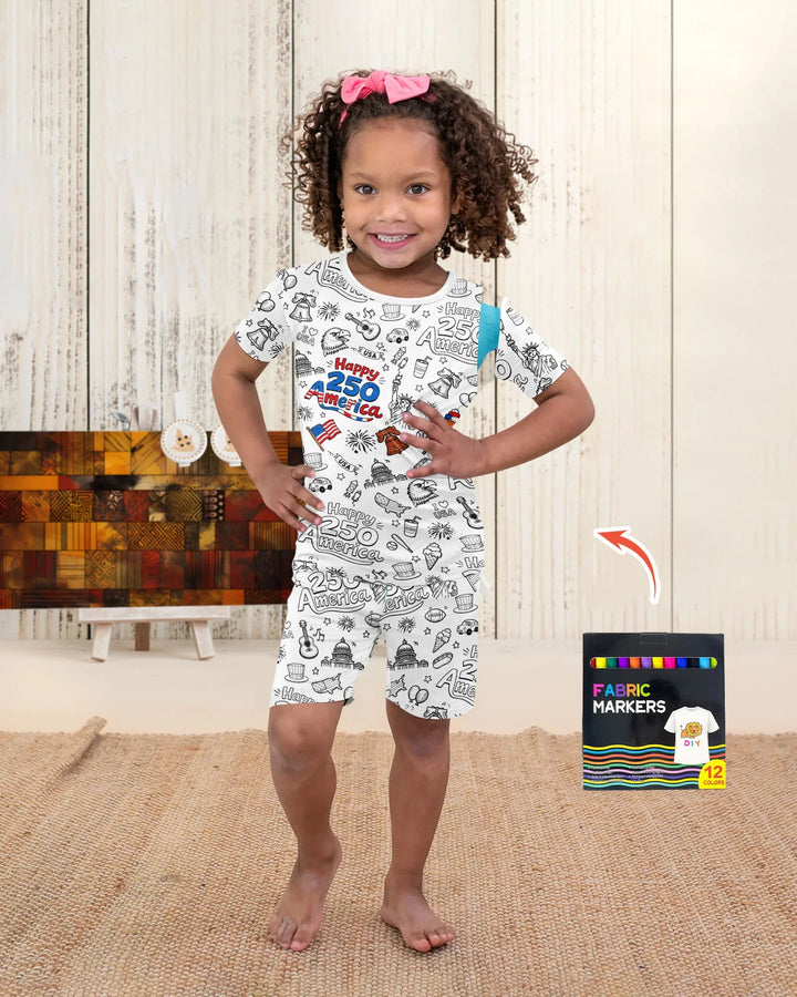 All Colorable Happy 250 America I love USA Bamboo Two Piece Short Sleeve Shorts Pajama Set