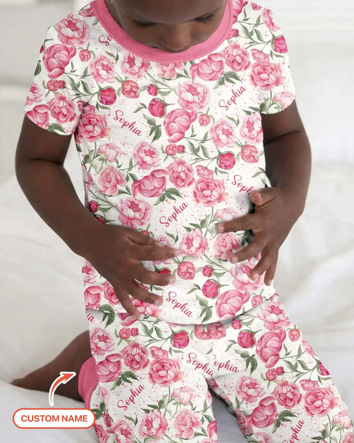 Custom Name Birth Month Flowers Bamboo Two Piece Short Sleeve Pajama Set