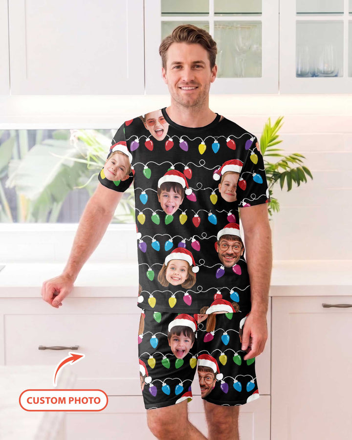 Custom Face Christmas Family Silly Xmas Leds Bamboo Men Short Sleeve Short Pajama Set