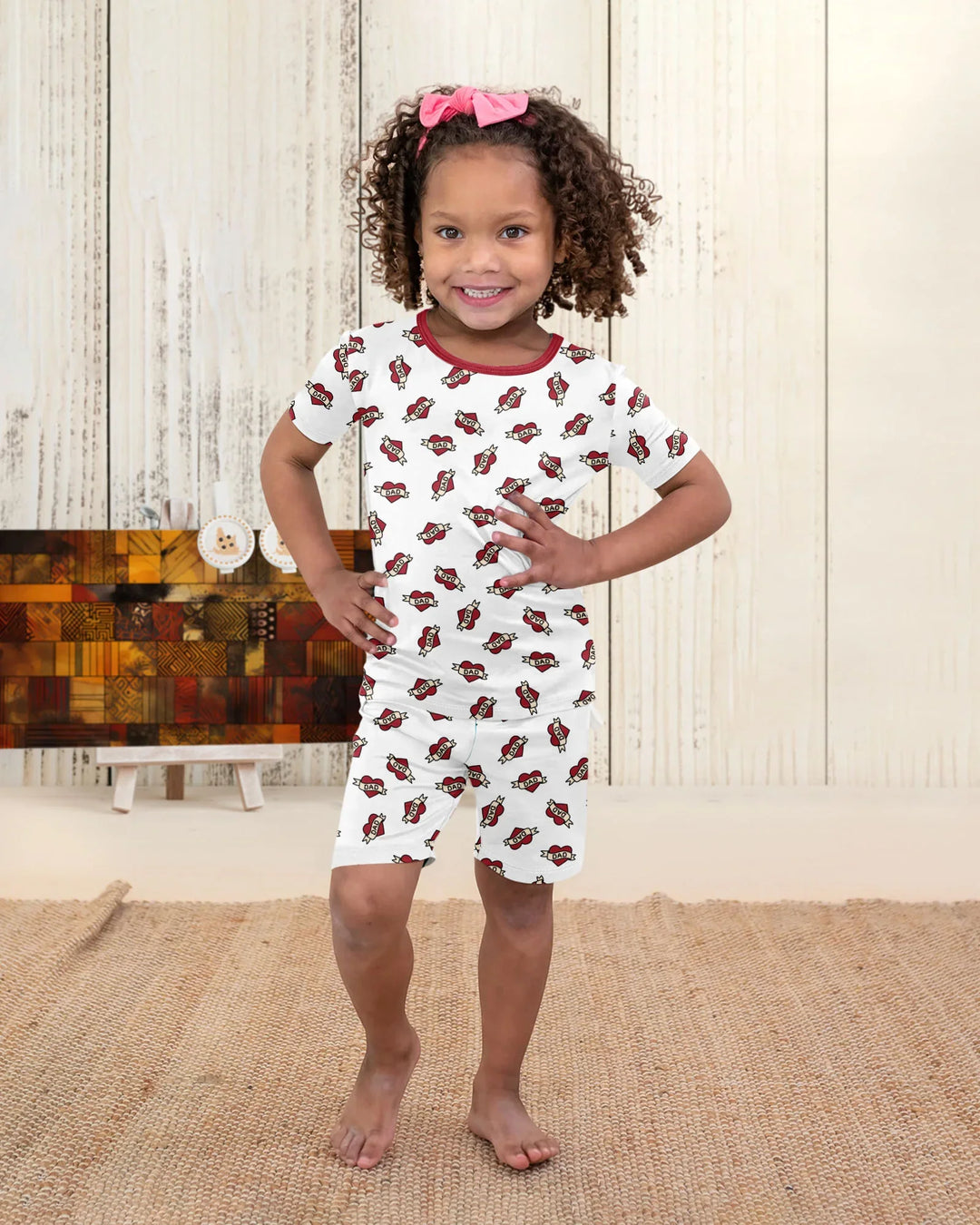 Old School Dad Hearts Daddy & Me Matching Bamboo Two Piece Short Sleeve Shorts Pajama Set