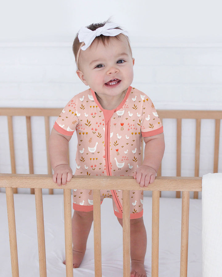 Geese and Flowers Bamboo Shorty Zippered Romper