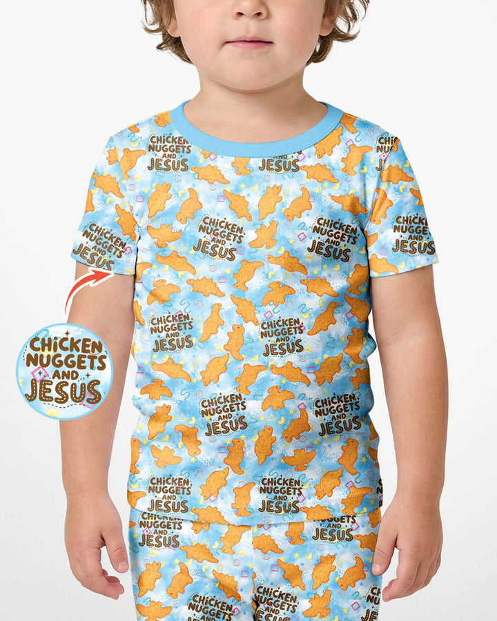 Chicken Nuggets and Jesus Family Matching Bamboo Two Piece Short Sleeve Shorts Pajama Set