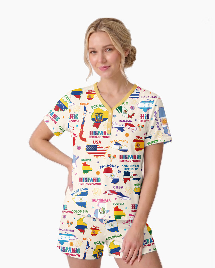 Hispanic Heritage Month Country Flags Bamboo Women Short Sleeve Short Pajama Set