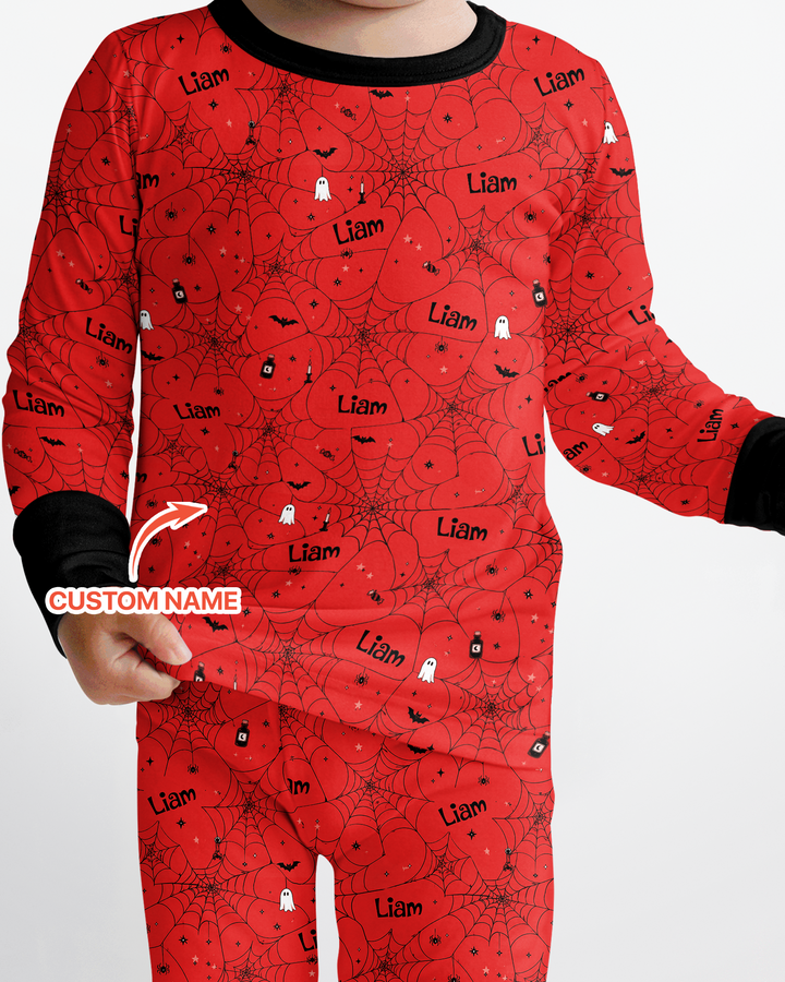 Spooky Spider Web Halloween Custom Name Bamboo Two Piece Long Sleeve Pajama Set