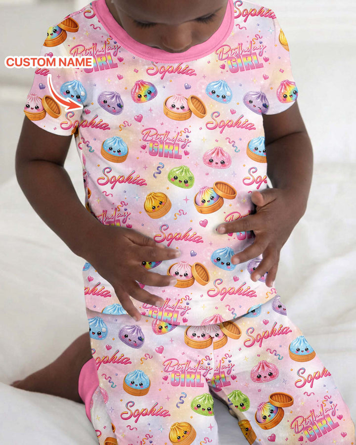 Birthday Girl Glitter Dumpling Bamboo Two Piece Short Sleeve Pajama Set