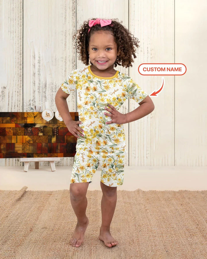 Custom Name Birth Month Flowers Bamboo Two Piece Short Sleeve Shorts Pajama Set