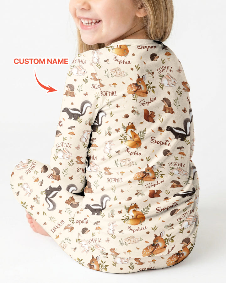 Custom Name Woodland Friends Bamboo Two Piece Long Sleeve Pajama Set