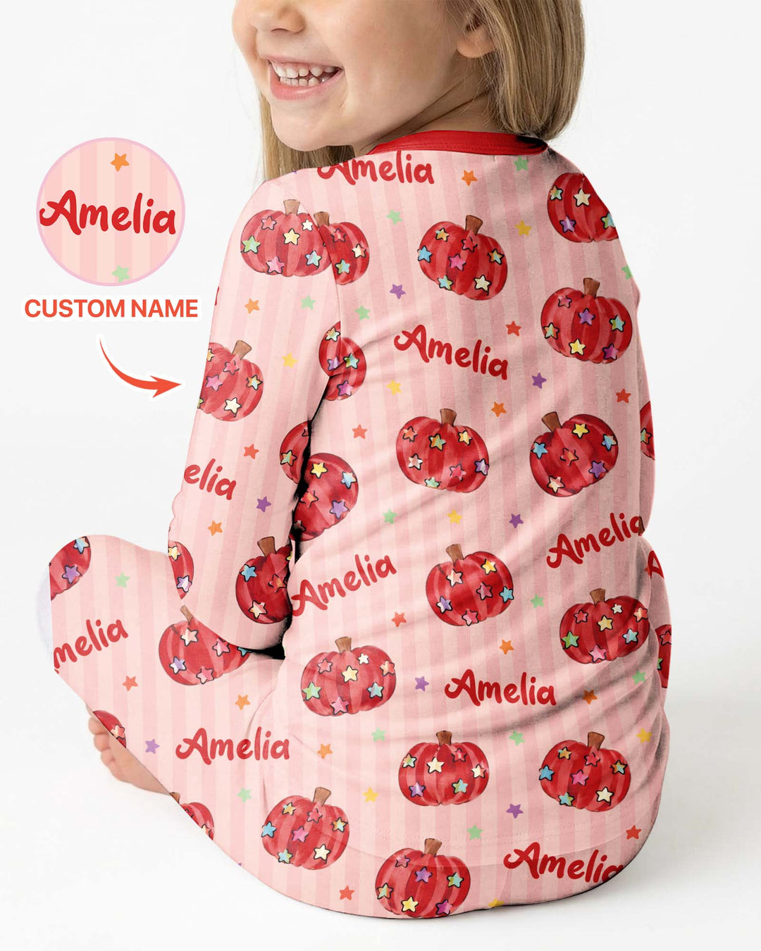 Colorful Star Pumpkin Custom Name Bamboo Two Piece Long Sleeve Pajama Set