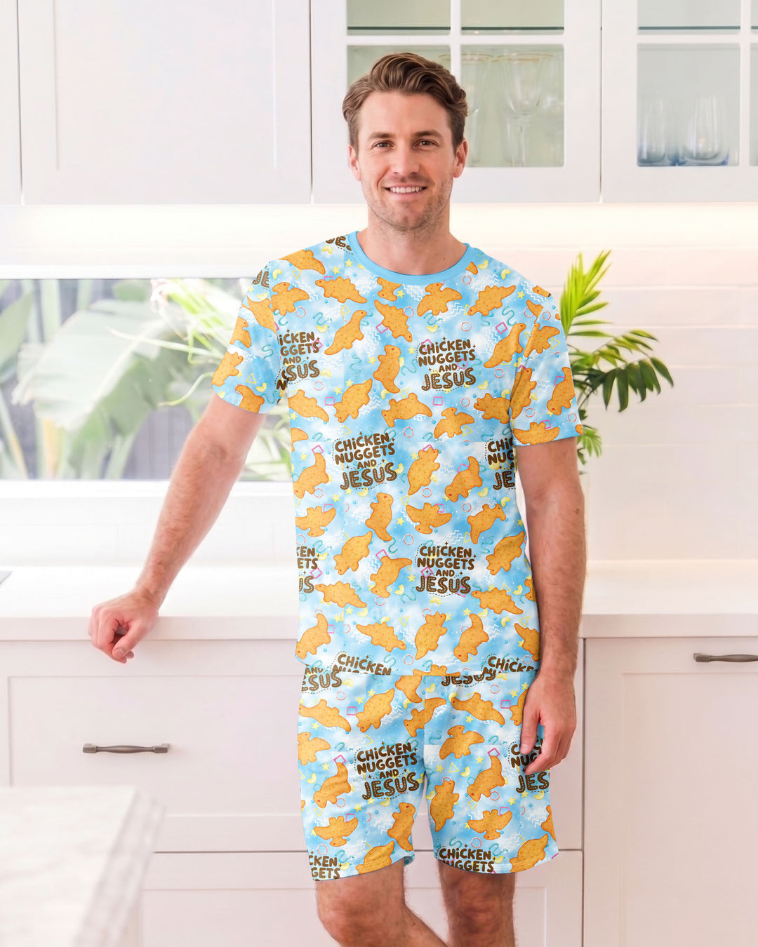 Chicken Nuggets and Jesus Family Matching Bamboo Men Short Sleeve Short Pajama Set