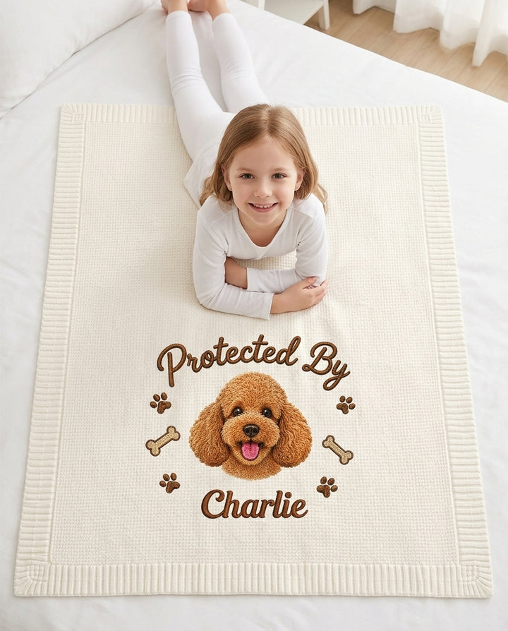 Protected By Dog Embroidered Baby Cotton Blanket