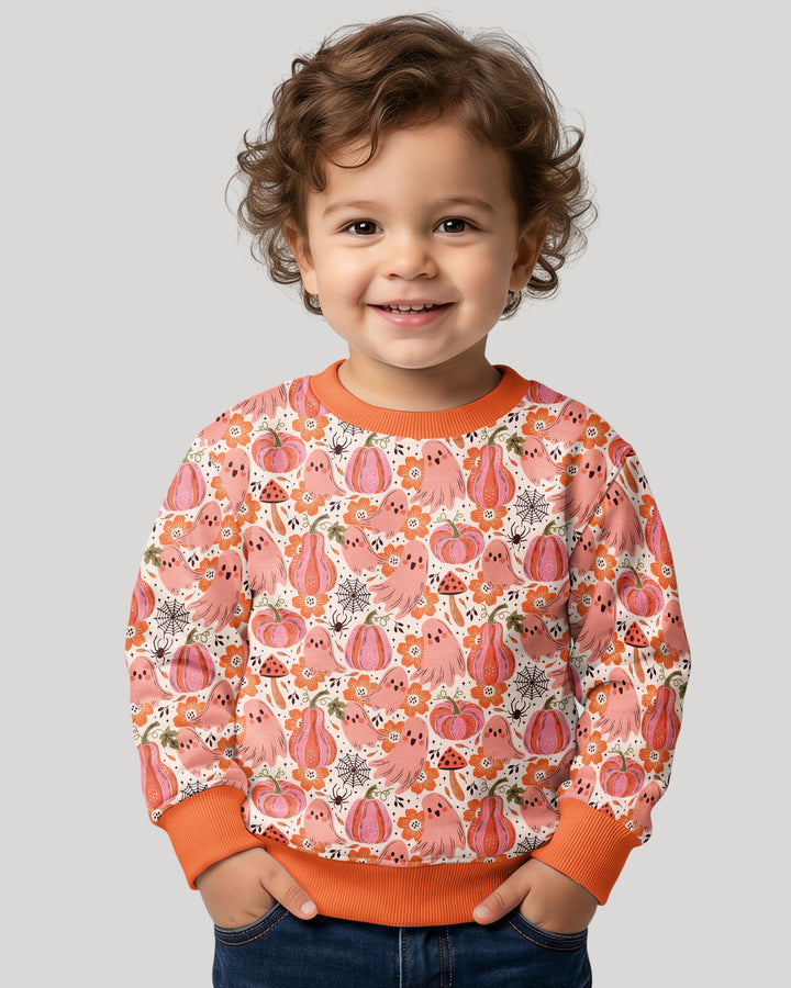 Pink Ghost Pumpkin Fall Floral Halloween Bamboo Crewneck Sweatshirt