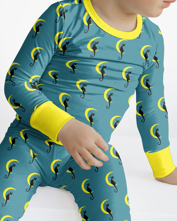 Black Cat Crescent Moon Celestial Night Bamboo Two Piece Long Sleeve Pajama Set