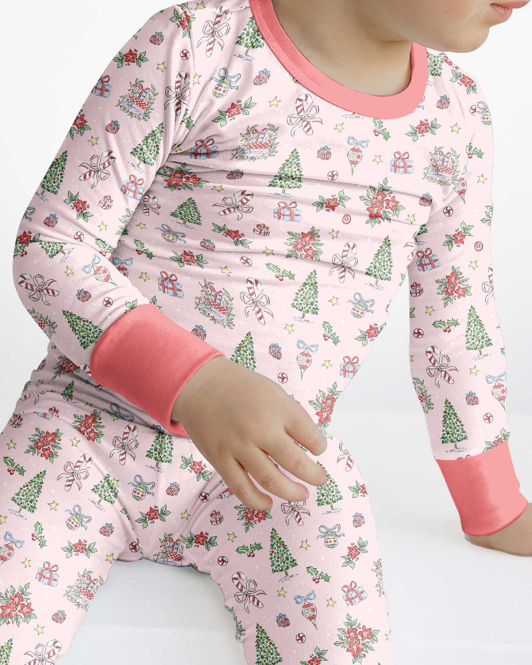 Watercolor Pink Christmas Holidays Christmas Tree Gifts Candy Cane Bamboo Two Piece Long Sleeve Pajama Set