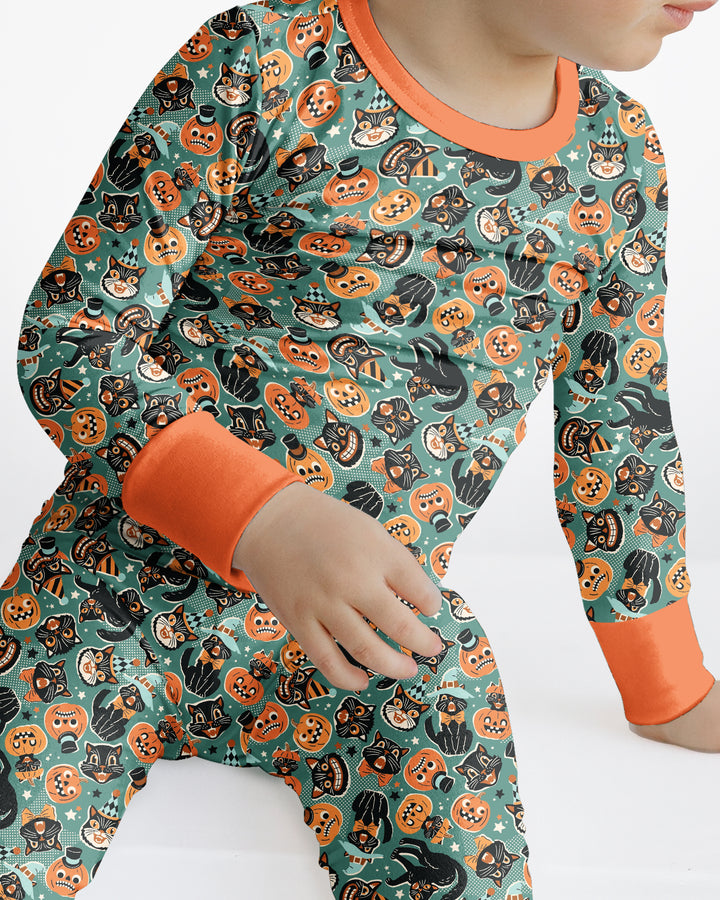 Retro Black Cat Witch Pumpkin Halloween Bamboo Two Piece Long Sleeve Pajama Set