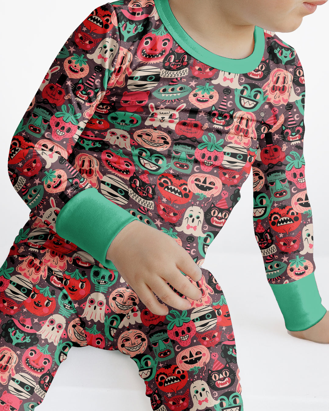Retro Halloween Monsters Ghost Pumpkin Mummy Bamboo Two Piece Long Sleeve Pajama Set