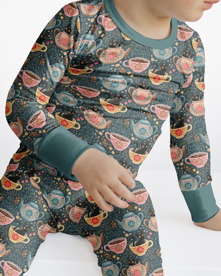 Folk Floral Black Cat Tea Party Bamboo Two Piece Long Sleeve Pajama Set