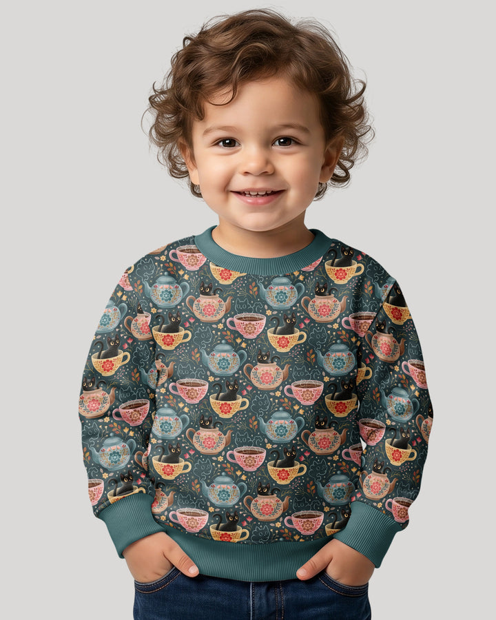 Folk Floral Black Cat Tea Party Bamboo Crewneck Sweatshirt