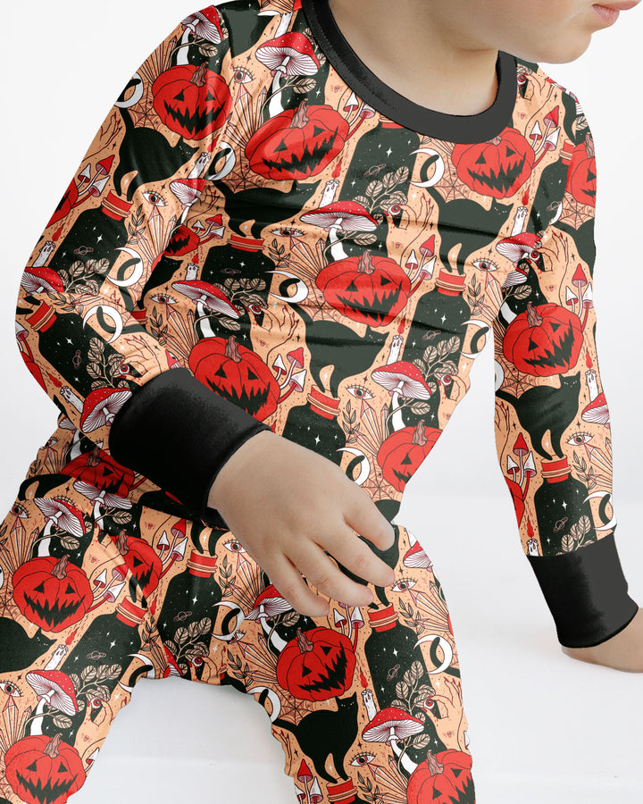 Black Cat And Pumpkin Halloween Bamboo Two Piece Long Sleeve Pajama Set
