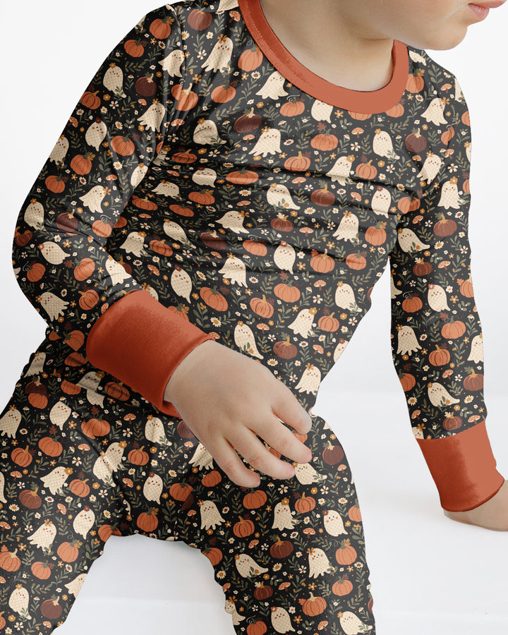 Ghost Pumpkin Harvest Floral Halloween Bamboo Two Piece Long Sleeve Pajama Set