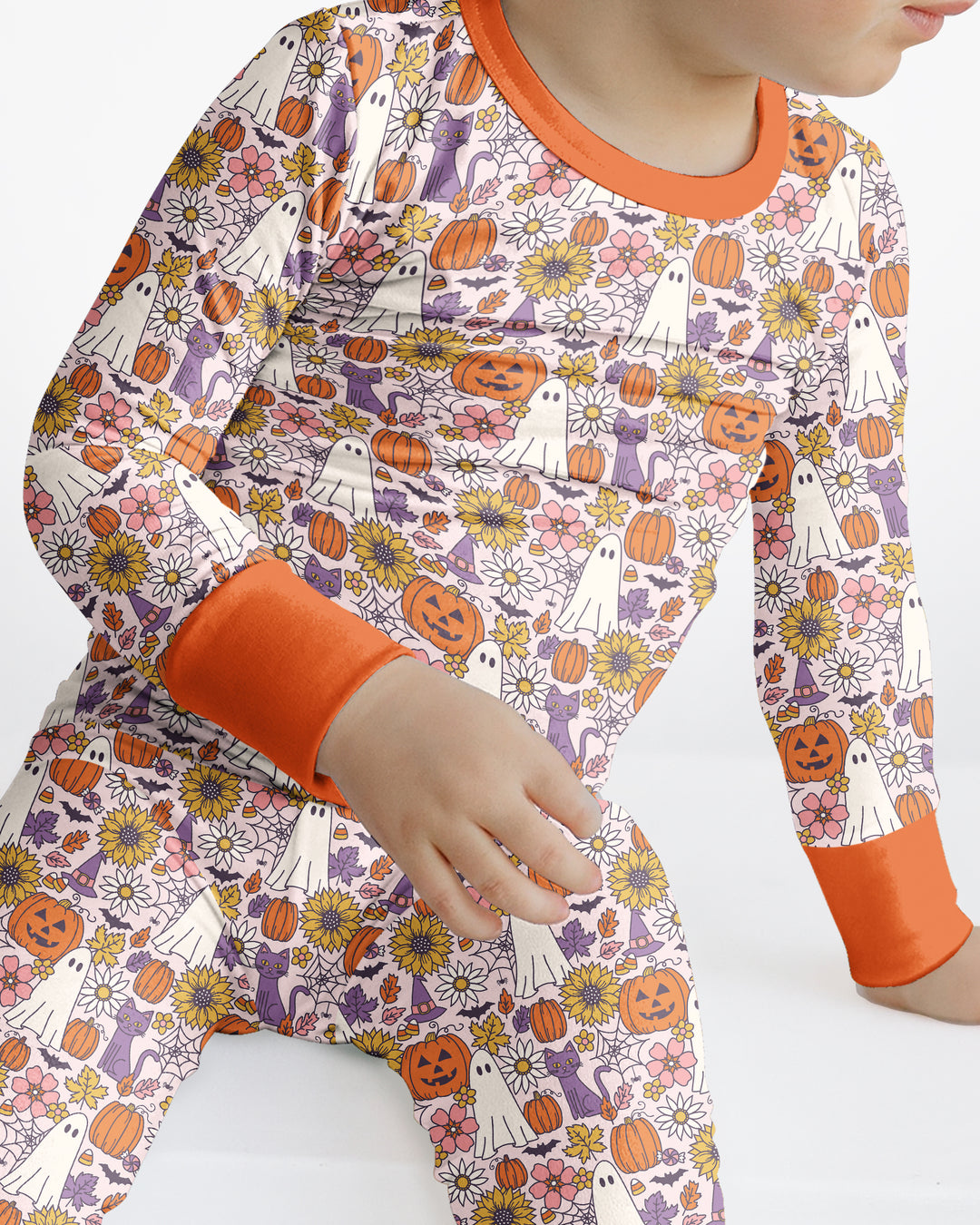 Ghost Pumpkin Fall Floral Halloween Bamboo Two Piece Long Sleeve Pajama Set
