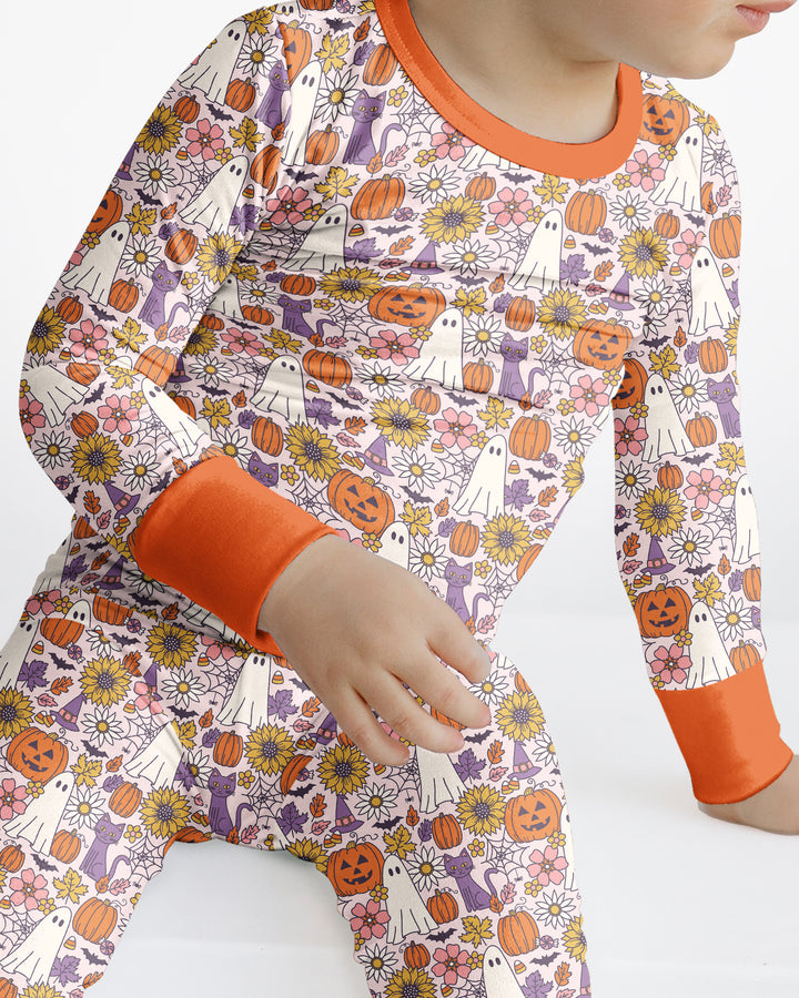 Ghost Pumpkin Fall Floral Halloween Bamboo Two Piece Long Sleeve Pajama Set
