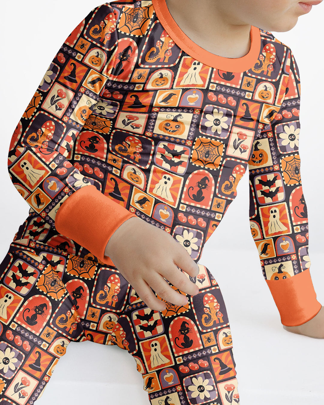 Retro Halloween Patchwork Icons Bamboo Two Piece Long Sleeve Pajama Set