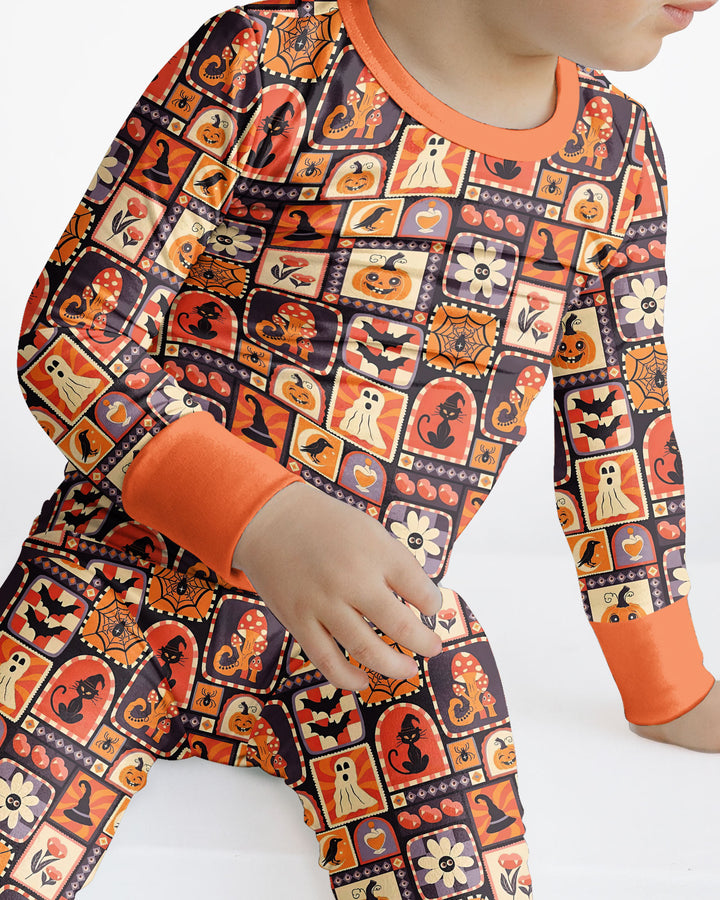 Retro Halloween Patchwork Icons Bamboo Two Piece Long Sleeve Pajama Set