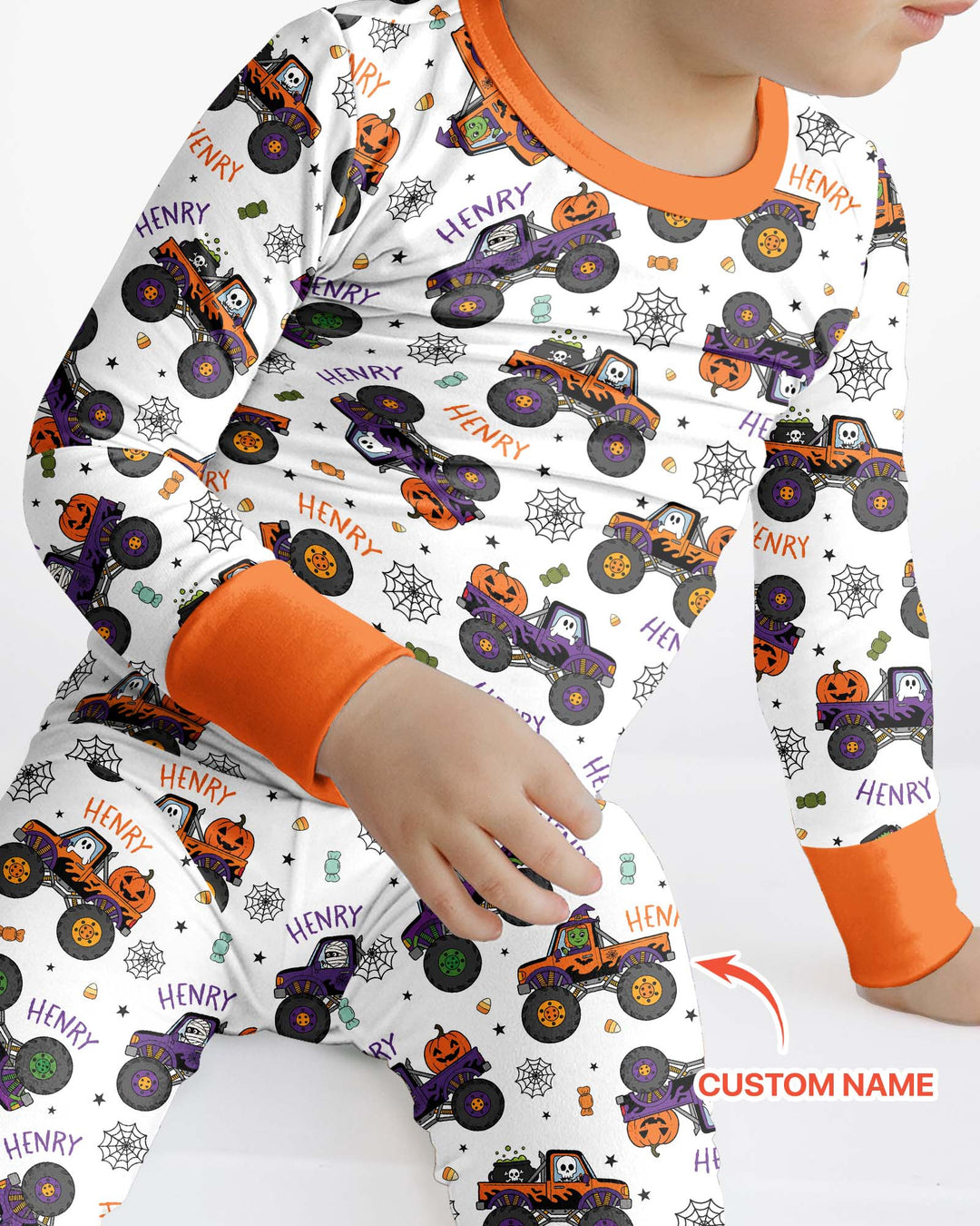 Custom Name Halloween Monster Truck Bamboo Two Piece Long Sleeve Pajama Set