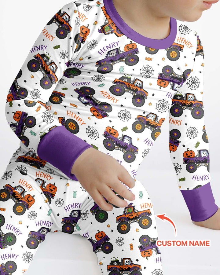 Custom Name Halloween Monster Truck Bamboo Two Piece Long Sleeve Pajama Set