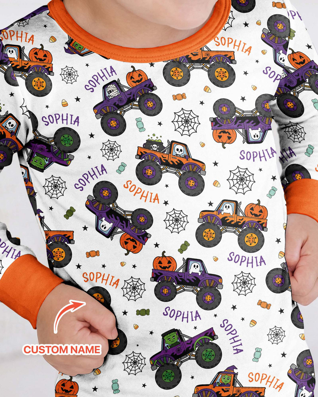 Custom Name Halloween Monster Truck Bamboo Two Piece Long Sleeve Pajama Set