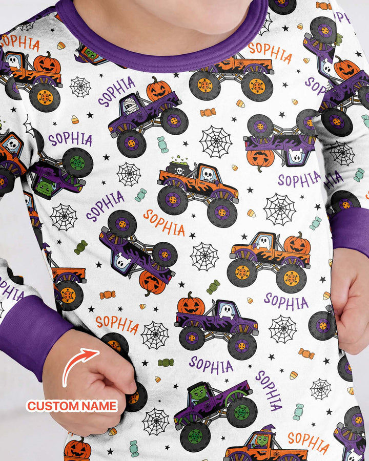 Custom Name Halloween Monster Truck Bamboo Two Piece Long Sleeve Pajama Set