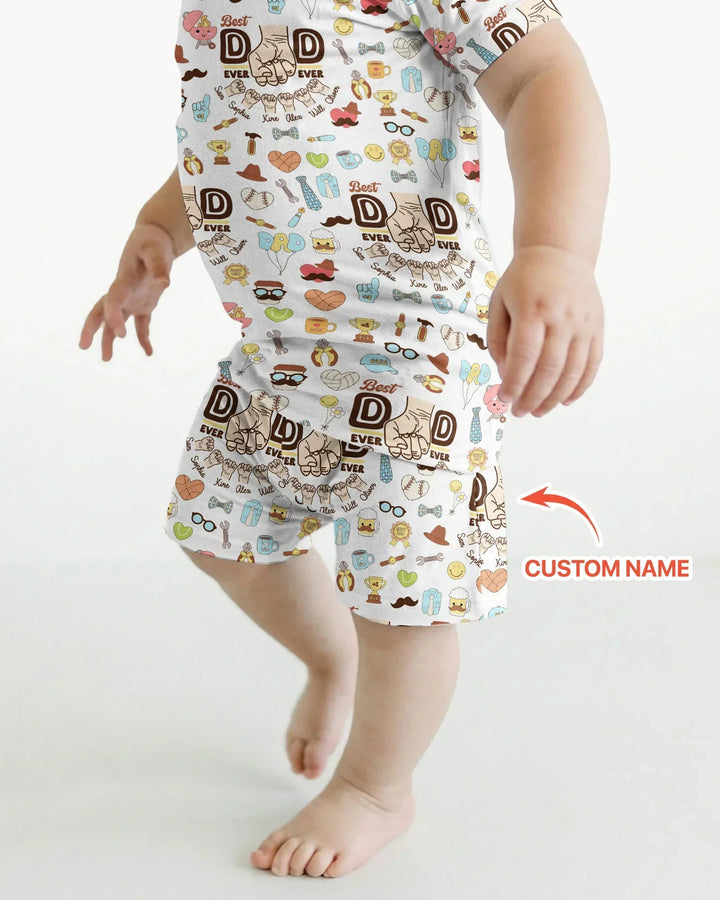 Custom Kids Name Best Dad Ever Bamboo Two Piece Short Sleeve Shorts Pajama Set