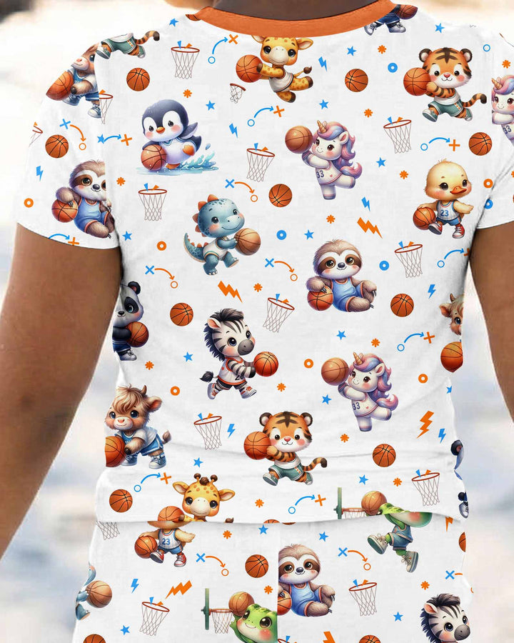 Cartoon Basketball Animals Bamboo Two Piece Short Sleeve Pajama Set