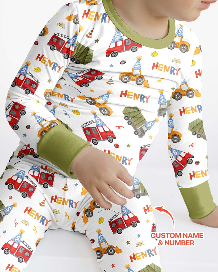 Personalized Birthday Trucks Bamboo Two Piece Long Sleeve Pajama Set
