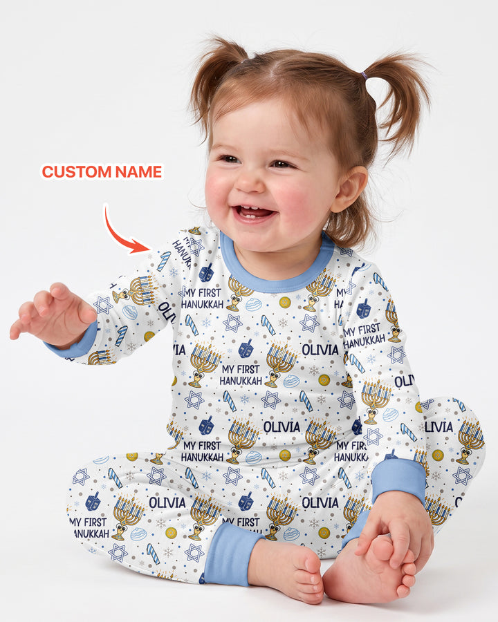 Custom Name Doodle Dreidel First Hanukkah Bamboo Two Piece Long Sleeve Pajama Set