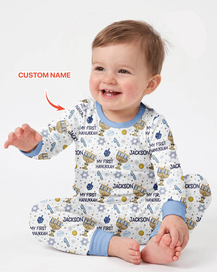 Custom Name Doodle Dreidel First Hanukkah Bamboo Two Piece Long Sleeve Pajama Set