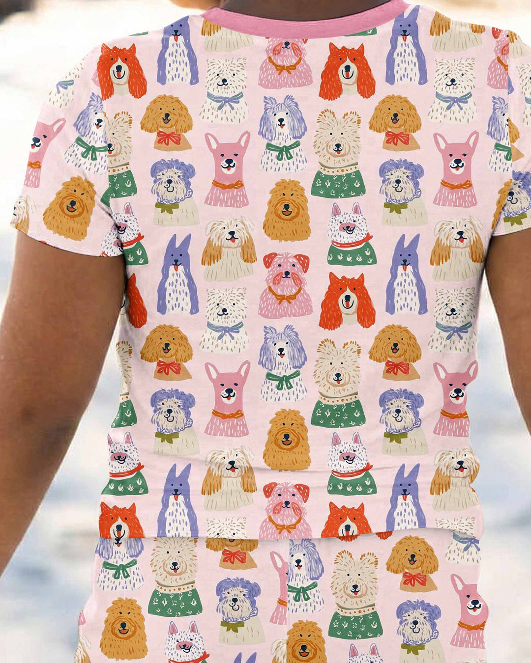 Whimsical Puppy Parade Family Matching Bamboo Two Piece Short Sleeve Pajama Set