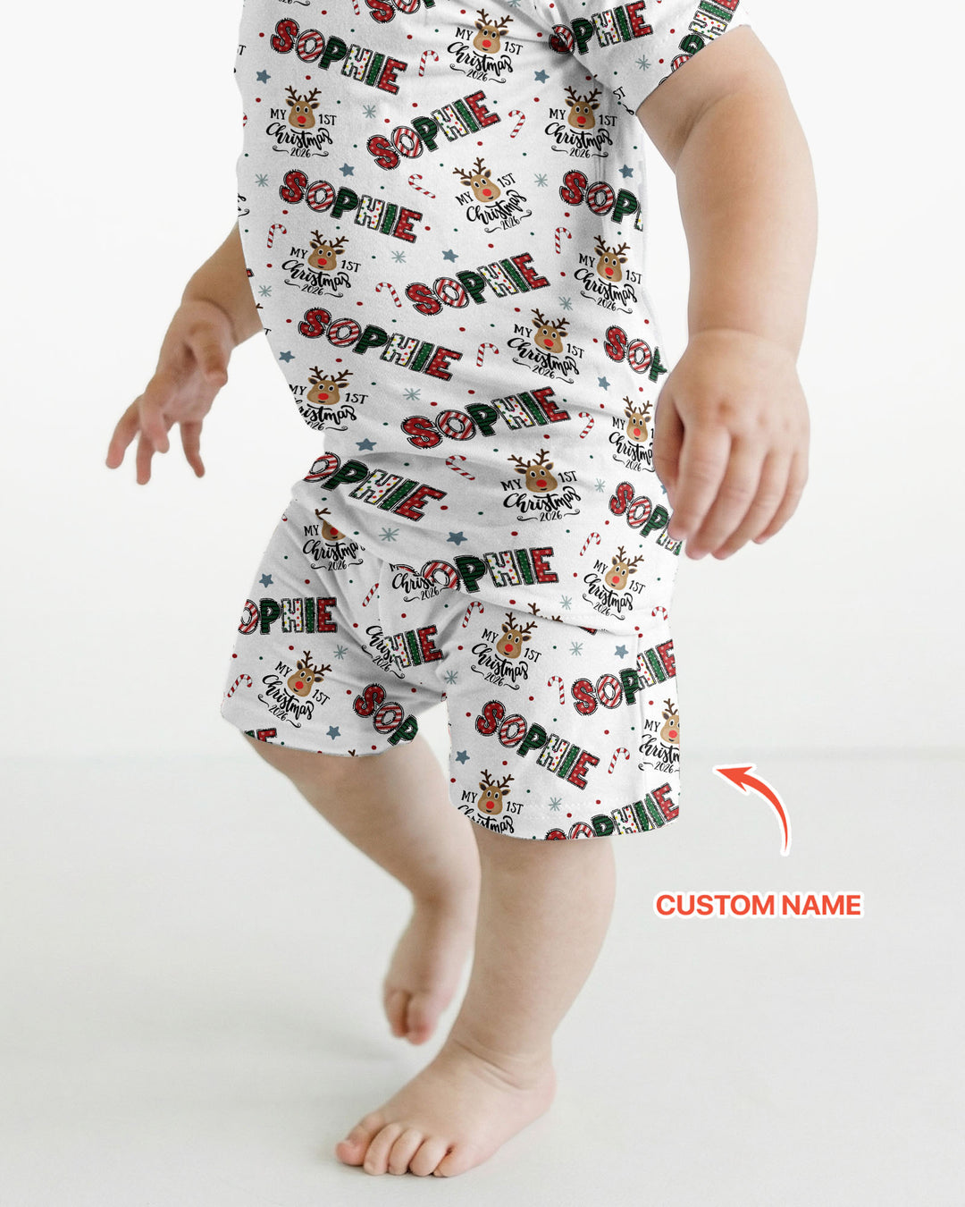 Custom Name My First Christmas 2026 Bamboo Two Piece Short Sleeve Shorts Pajama Set (G)