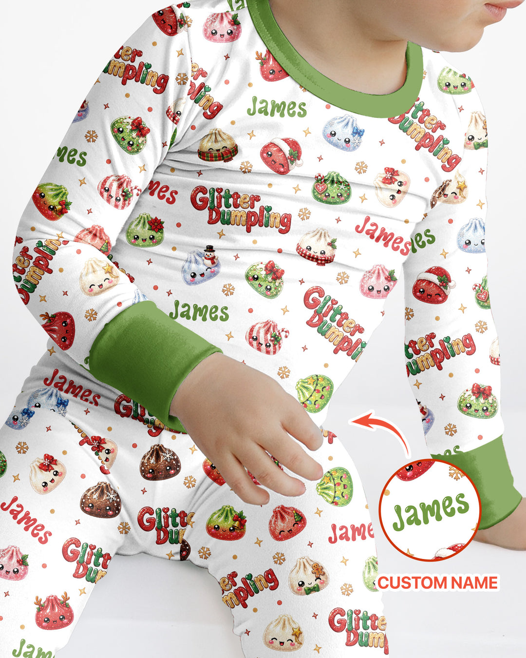 Custom Name Glitter Christmas Dumpling  Bamboo Two Piece Long Sleeve Pajama Set