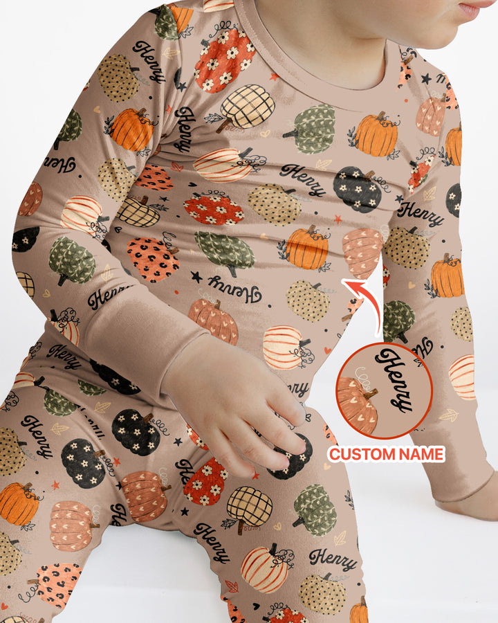 Custom Name Boho Pumpkin Bamboo Two Piece Long Sleeve Pajama Set