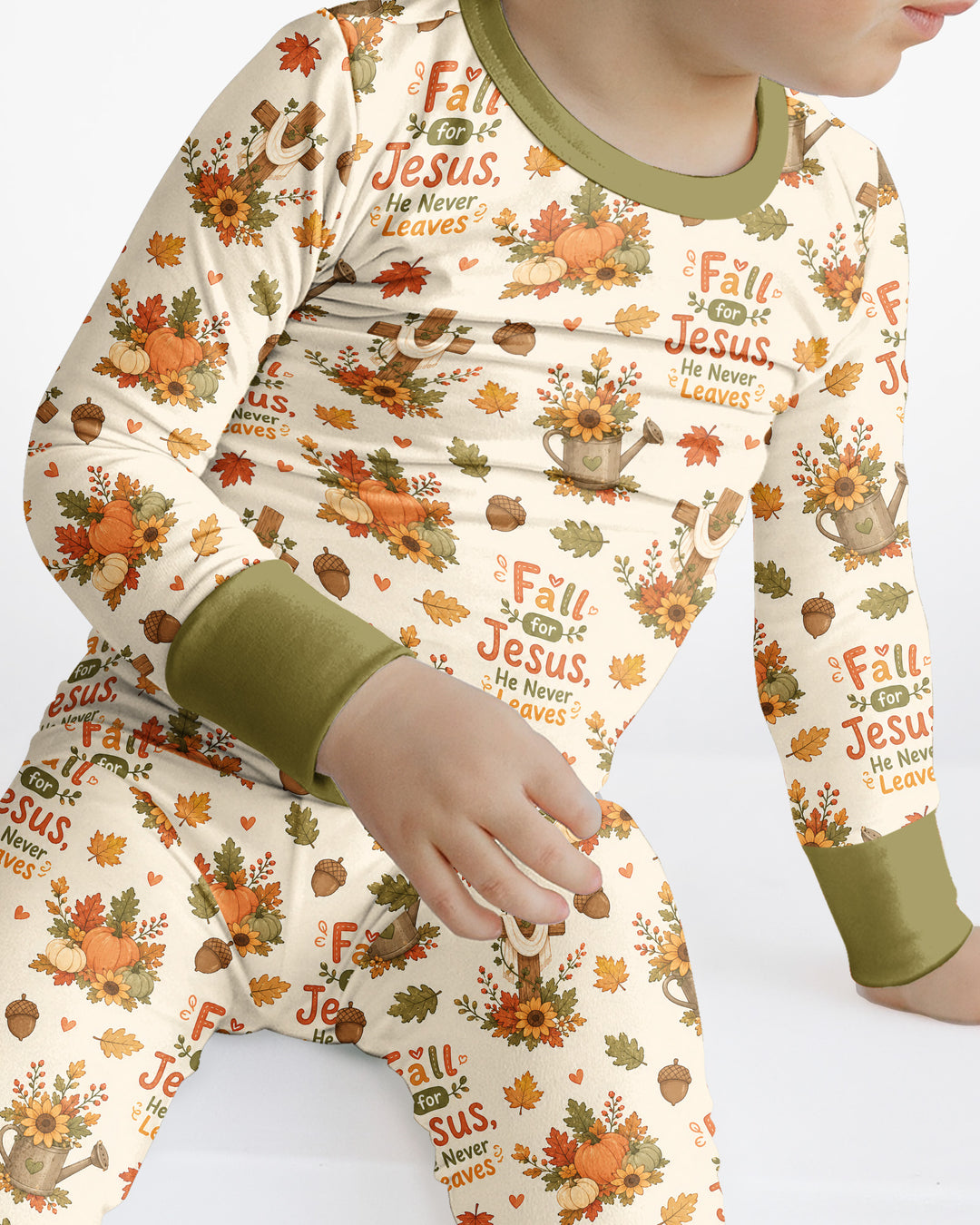 Fall For Jesus He Never Leaves Bamboo Two Piece Long Sleeve Pajama Set