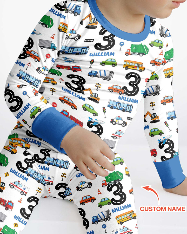 Personalized Birthday Boy Transportation Vehicles Bamboo Two Piece Long Sleeve Pajama Set