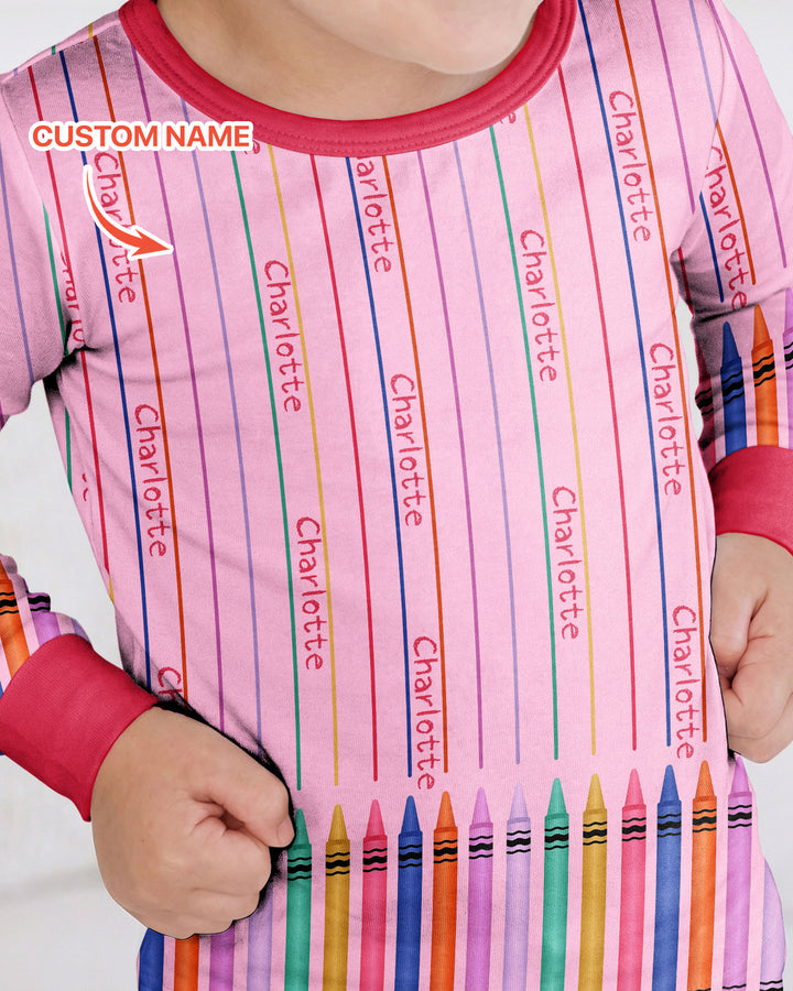 Custom Name Crayon Lines Bamboo Two Piece Long Sleeve Pajama Set