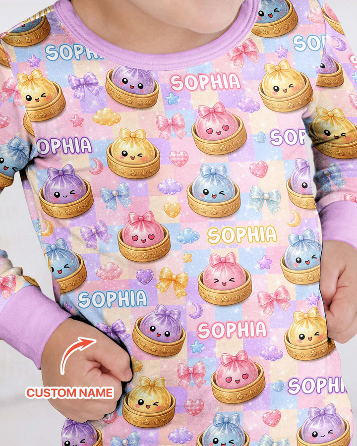 Custom Name Coquette Glitter Dumpling Bamboo Two Piece Long Sleeve Pajama Set