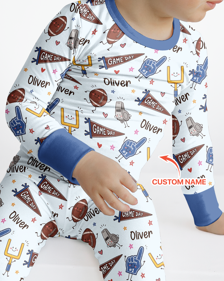 Custom Name Football Game Day Bamboo Two Piece Long Sleeve Pajama Set
