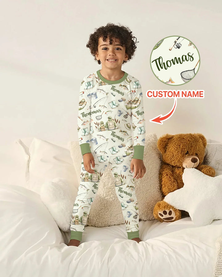 Custom Name Fishing Day Daddy & Me Matching Bamboo Two Piece Long Sleeve Pajama Set