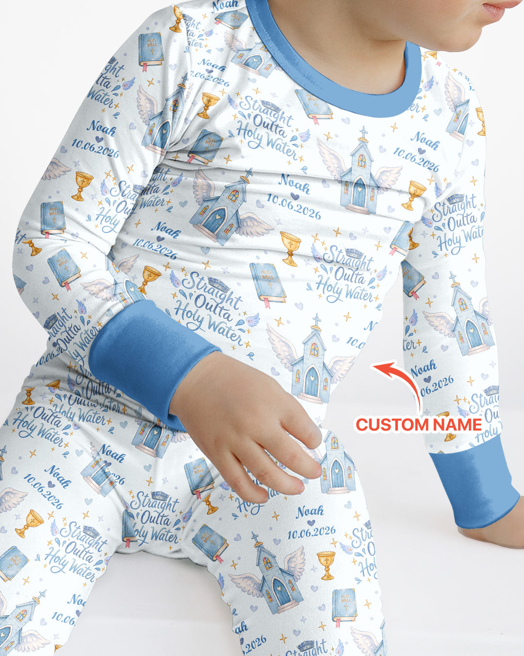 Custom Name Baptism Christening Straight Outta Holy Water Bamboo Two Piece Long Sleeve Pajama Set