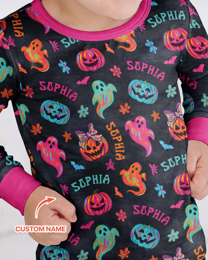 Custom Name Preppy Neon Pumpkin Bamboo Two Piece Long Sleeve Pajama Set